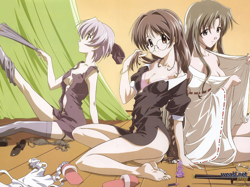 00s 3girls barefoot bra breasts glasses happy_lesson ichimonji_mutsuki lingerie medium_breasts multiple_girls ninomai_kisaragi open_clothes open_shirt sanzein_yayoi sanzen&#039;in_yayoi shirt thighhighs underwear undressing watermark