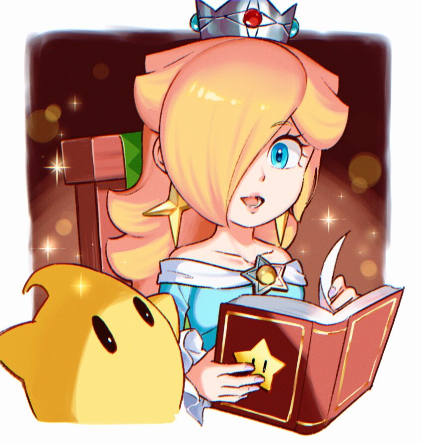 1girl :d bare_shoulders blonde_hair blue_dress blue_eyes book brooch collarbone crown dress earrings eyelashes hair_over_one_eye highres holding holding_book jewelry long_hair long_sleeves lower_teeth_only luma_(mario) mario_(series) nintendo off-shoulder_dress off_shoulder open_book open_mouth rosalina sasaki_sakiko smile star_(symbol) star_brooch star_earrings super_mario_galaxy teeth