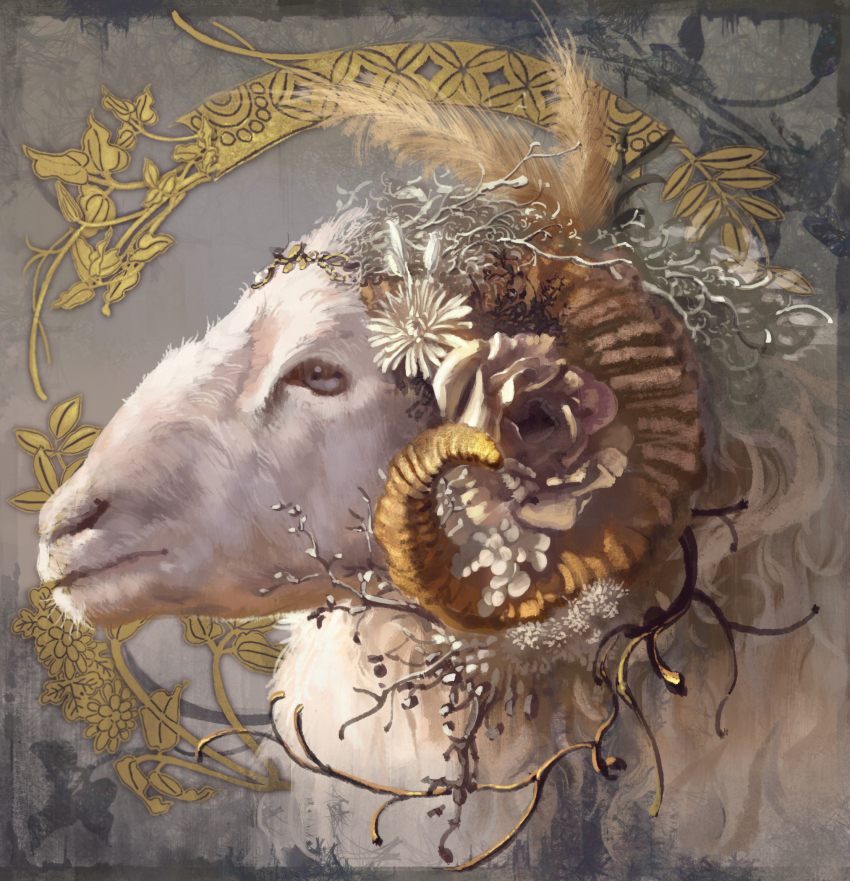 animal flower highres horns no_humans original ram reishin_(tenpurasoba) sheep