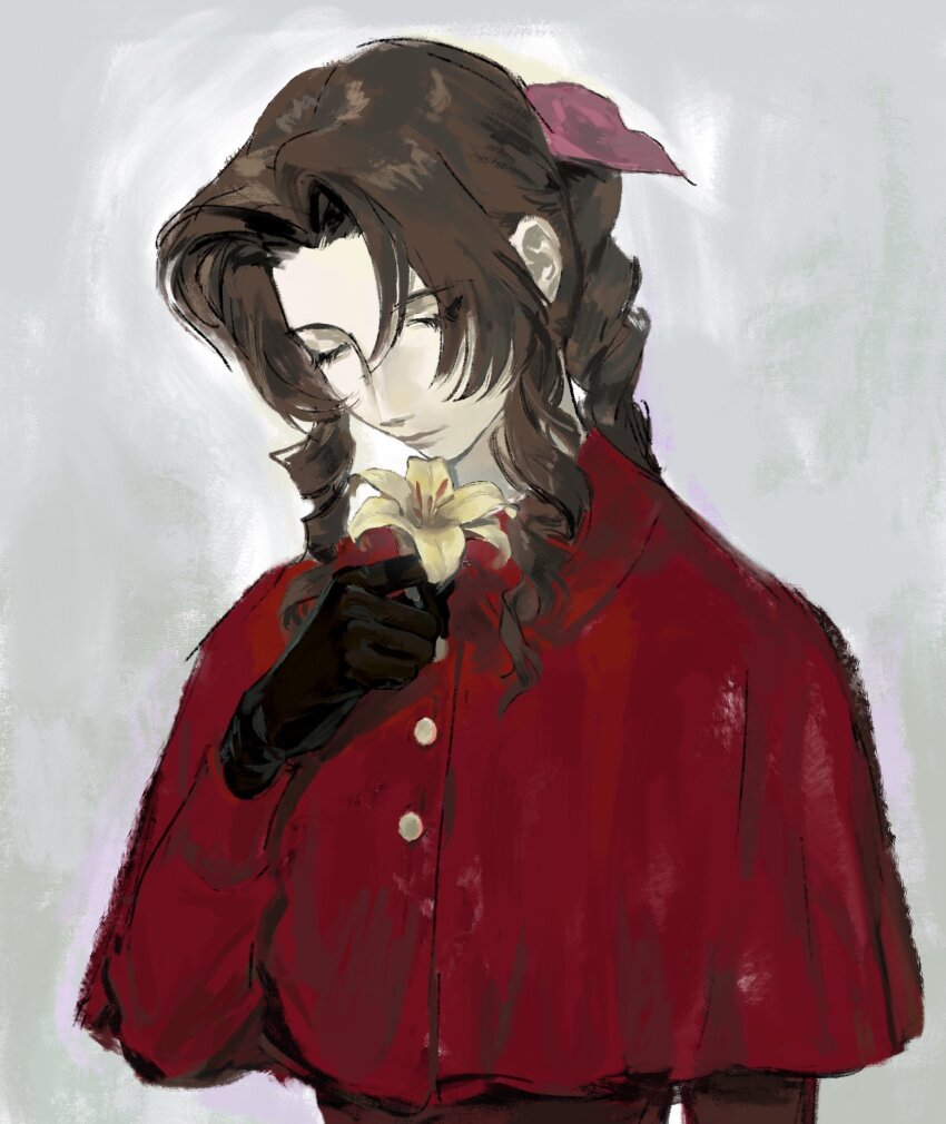 1girl aerith_gainsborough black_gloves braid braided_ponytail brown_hair closed_eyes coat cropped_jacket final_fantasy final_fantasy_vii flower gloves grey_background highres holding holding_flower horro26810047 jacket lily_(flower) long_sleeves pink_ribbon ponytail red_coat red_jacket ribbon simple_background smile solo yellow_flower