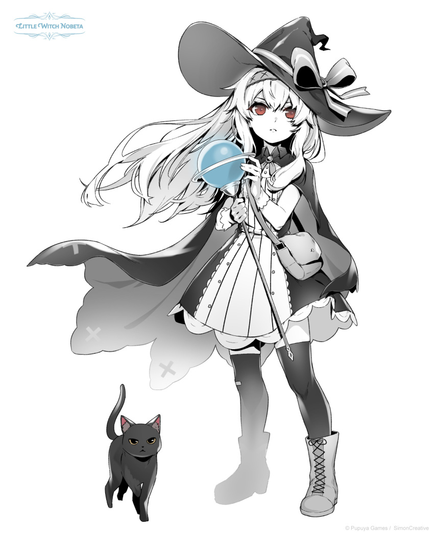 1girl bandaid bandaid_on_clothes bandaid_on_knee bandaid_on_leg boots cat cloak dress flat_chest floating_hair full_body hat highres holding holding_staff kumo_sheep little_witch_nobeta long_hair monochrome nobeta official_art phyllis_(cat)_(little_witch_nobeta) phyllis_(little_witch_nobeta) red_eyes spot_color staff thighhighs witch witch_hat