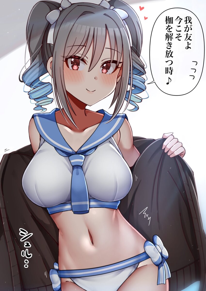 1girl bikini black_coat blue_neckerchief blue_sailor_collar blush bow breasts coat collarbone drill_hair grey_hair hair_bow highres idolmaster idolmaster_cinderella_girls kanzaki_ranko long_hair mabanna medium_breasts navel neckerchief red_eyes sailor_bikini sailor_collar sailor_swimsuit_(idolmaster) simple_background smile solo swimsuit twin_drills white_bikini