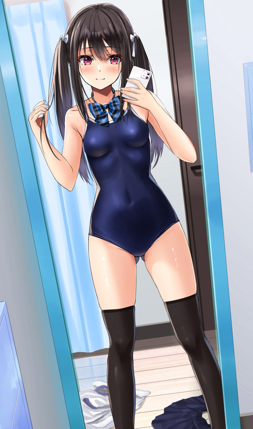 1girl bare_shoulders black_hair black_skirt black_thighhighs blue_bow blue_bowtie blue_one-piece_swimsuit blush bow bowtie breasts cellphone closed_mouth commentary_request covered_navel dutch_angle feet_out_of_frame female_pov gluteal_fold hair_bow highres iphone iphone_11 long_hair looking_at_viewer navel one-piece_swimsuit original phone pink_eyes pov red_eyes reflection school_swimsuit school_uniform selfie sidelocks skirt small_breasts smartphone smile solo standing striped_bow striped_bowtie striped_clothes swimsuit taking_picture thighhighs twintails unworn_skirt white_bow yukemuriganmo zettai_ryouiki