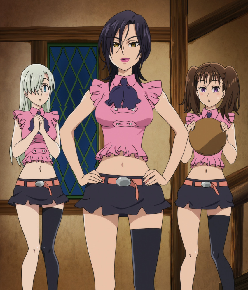 3girls anime_screenshot blue_eyes breasts brown_hair diane_(nanatsu_no_taizai) elizabeth_liones hands_on_own_hips highres matching_outfits merlin_(nanatsu_no_taizai) multiple_girls nanatsu_no_taizai own_hands_clasped platinum_hair purple_eyes purple_hair revealing_clothes skirt stitched third-party_edit yellow_eyes