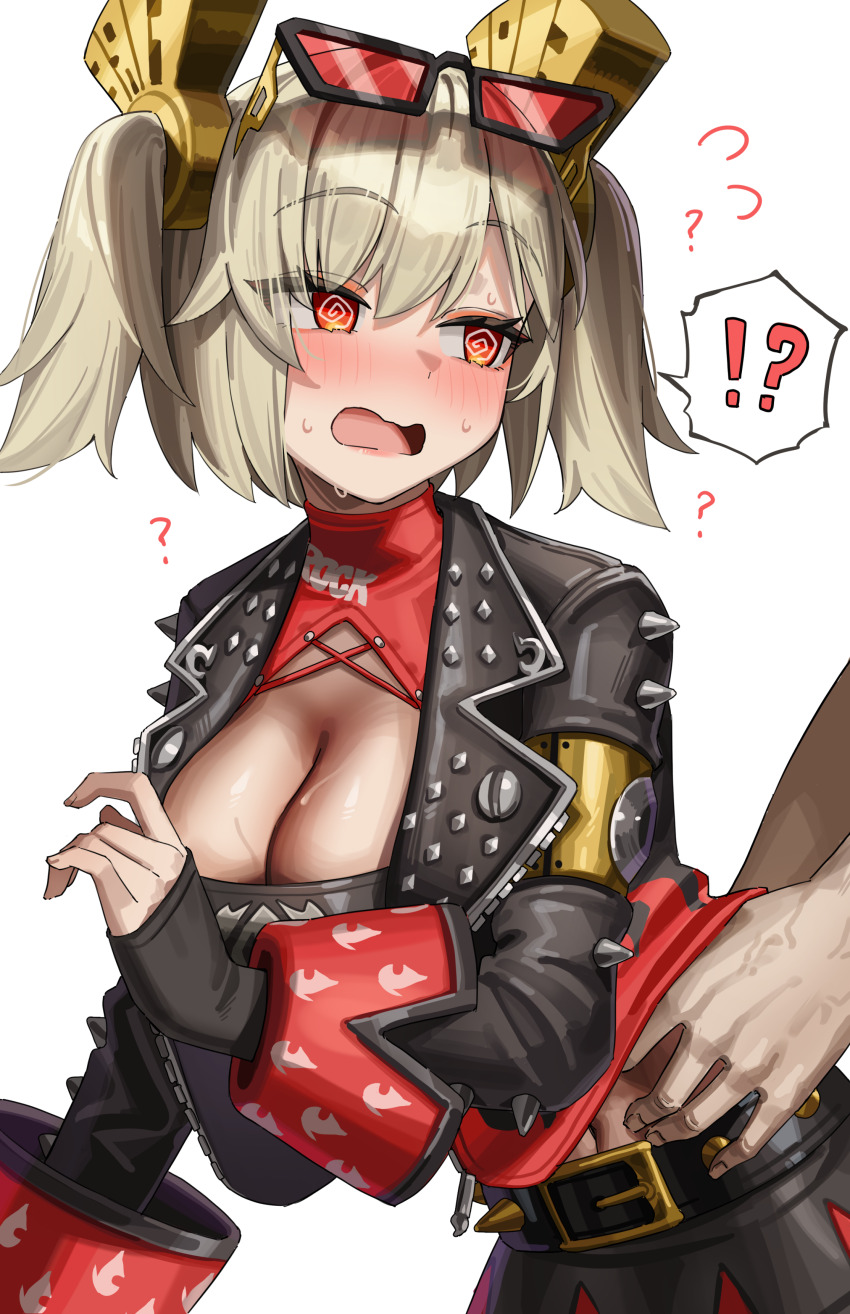 !? 1boy 1girl @_@ absurdres belt black_belt black_jacket blonde_hair blush breasts burnice_white cleavage eyewear_on_head green_tea_(matchaistasty) hair_between_eyes highres jacket large_breasts long_hair looking_at_another looking_to_the_side navel open_mouth red-tinted_eyewear red_eyes sidelocks simple_background solo_focus sweatdrop tinted_eyewear upper_body white_background zenless_zone_zero