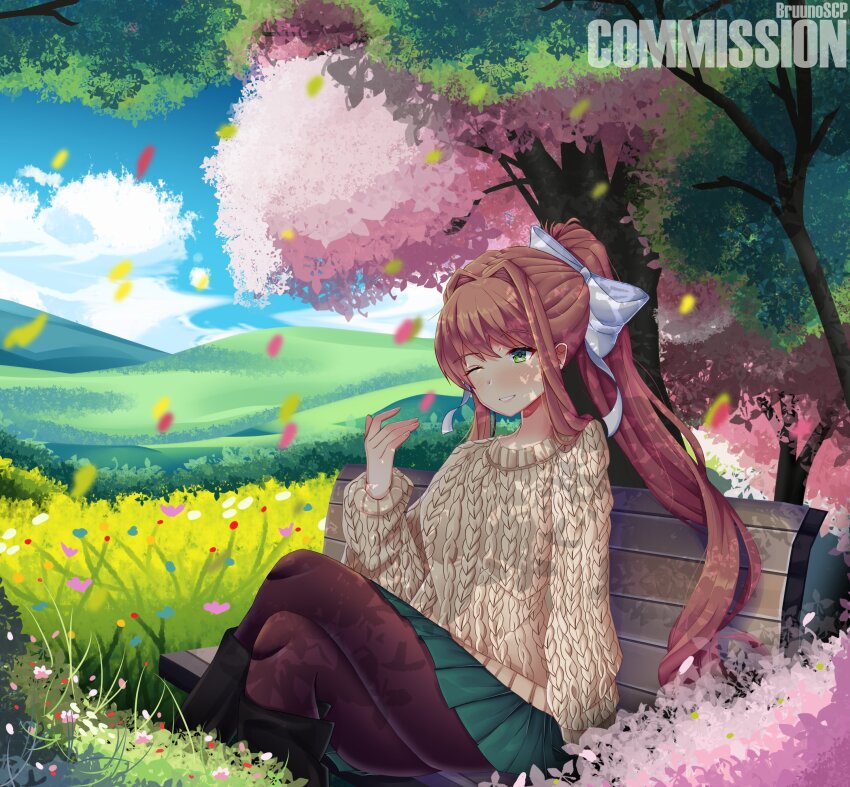 1girl absurdres bench black_pantyhose blue_sky bow brown_hair bruunoscp cherry_blossoms cloud commission doki_doki_literature_club falling_petals green_eyes green_skirt hair_bow highres hill jacket long_hair long_sleeves monika_(doki_doki_literature_club) one_eye_closed outdoors pantyhose park park_bench petals ponytail sidelocks sitting skirt sky smile solo sweater white_bow