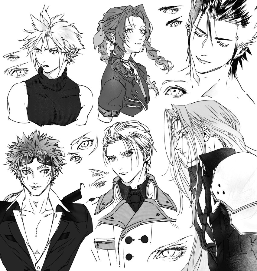 1girl 5boys aerith_gainsborough armor black_coat black_jacket black_necktie black_shirt braid braided_ponytail chest_strap choker closed_eyes cloud_strife coat collared_shirt cropped_torso earrings facial_mark final_fantasy final_fantasy_vii final_fantasy_vii_rebirth final_fantasy_vii_remake flower_choker goggles goggles_on_head greyscale hair_between_eyes hair_ribbon hair_slicked_back highres jacket jewelry long_hair makotonishinsha monochrome multiple_boys necktie parted_bangs parted_lips reno_(ff7) ribbon rufus_shinra sephiroth shirt short_hair short_hair_with_long_locks short_sleeves shoulder_armor sideburns sidelocks single_braid single_earring sleeveless sleeveless_turtleneck spiked_hair suit_jacket turtleneck upper_body white_coat white_shirt zack_fair