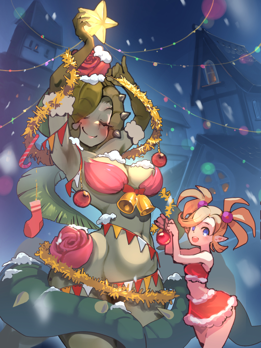 2girls absurdres arms_up bell blonde_hair blue_eyes blush candy candy_cane censored_clitoris chirstmas christmas_lights christmas_tree_costume closed_eyes colored_skin curvy decorations eye_visible_through_hair flower food green_hair green_skin highres leaf leaf_on_head momochi_momotan multiple_girls navel night night_sky nude open_mouth outdoors plant plink_(shantae) pointy_ears red_skirt red_tank_top rose santa_costume shantae_(series) shantae_and_the_seven_sirens sidelocks skirt sky smile snow snowing star_(symbol) tank_top thorns town twintails vines water_lily_siren wayforward