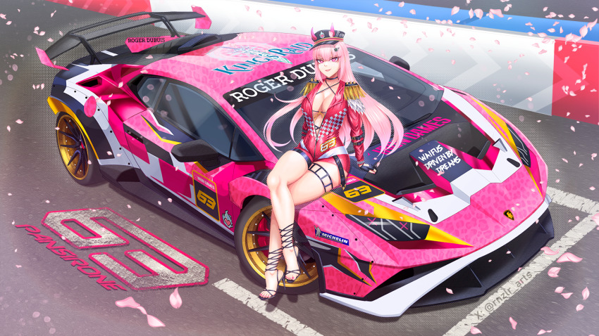 1girl black_gloves black_hat breasts car character_name cleavage commission copyright_name fingerless_gloves gloves hat horns imrinzlergtz_art iron_lynx jacket king&#039;s_raid lamborghini lamborghini_huracan lamborghini_super_trofeo looking_at_viewer medium_breasts michelin michelin_man motor_vehicle pansirone parted_lips petals pink_car pink_eyes pink_hair pixiv_commission race_vehicle racecar racetrack red_jacket shadow sitting skindentation smile solo spoiler_(automobile) sports_car thigh_strap v-shaped_eyebrows vehicle_focus