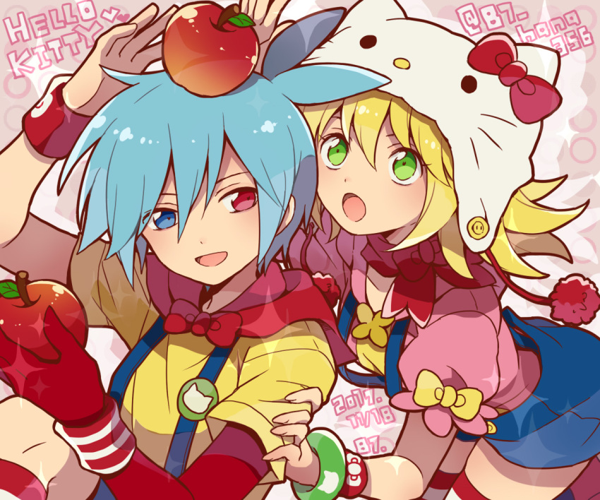 amitie_(puyopuyo) animal_hat apple blonde_hair blue_eyes blue_hair blush cat_hat cosplay food fruit green_eyes hana_(mew) hat hello_kitty hello_kitty_(character) hello_kitty_(character)_(cosplay) heterochromia looking_at_another open_mouth puyopuyo puyopuyo_fever puyopuyo_fever_2 puyopuyo_quest red_eyes sanrio short_hair sig_(puyopuyo)