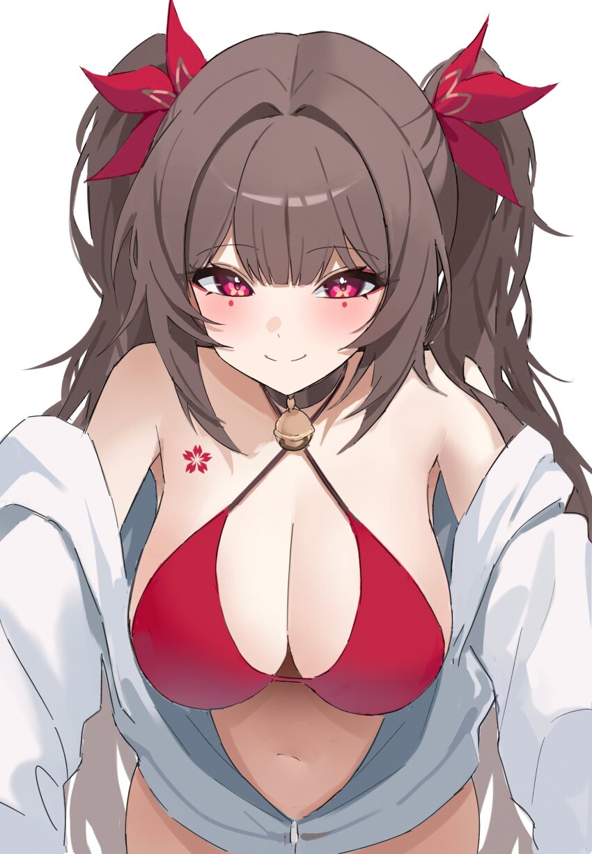 1girl absurdres bell bikini blush breasts brown_hair hair_ribbon highres honkai:_star_rail honkai_(series) jacket large_breasts looking_at_viewer navel neck_bell pink_eyes red_bikini red_ribbon ribbon ryu_o simple_background smile solo sparkle_(honkai:_star_rail) swimsuit tattoo white_background white_jacket