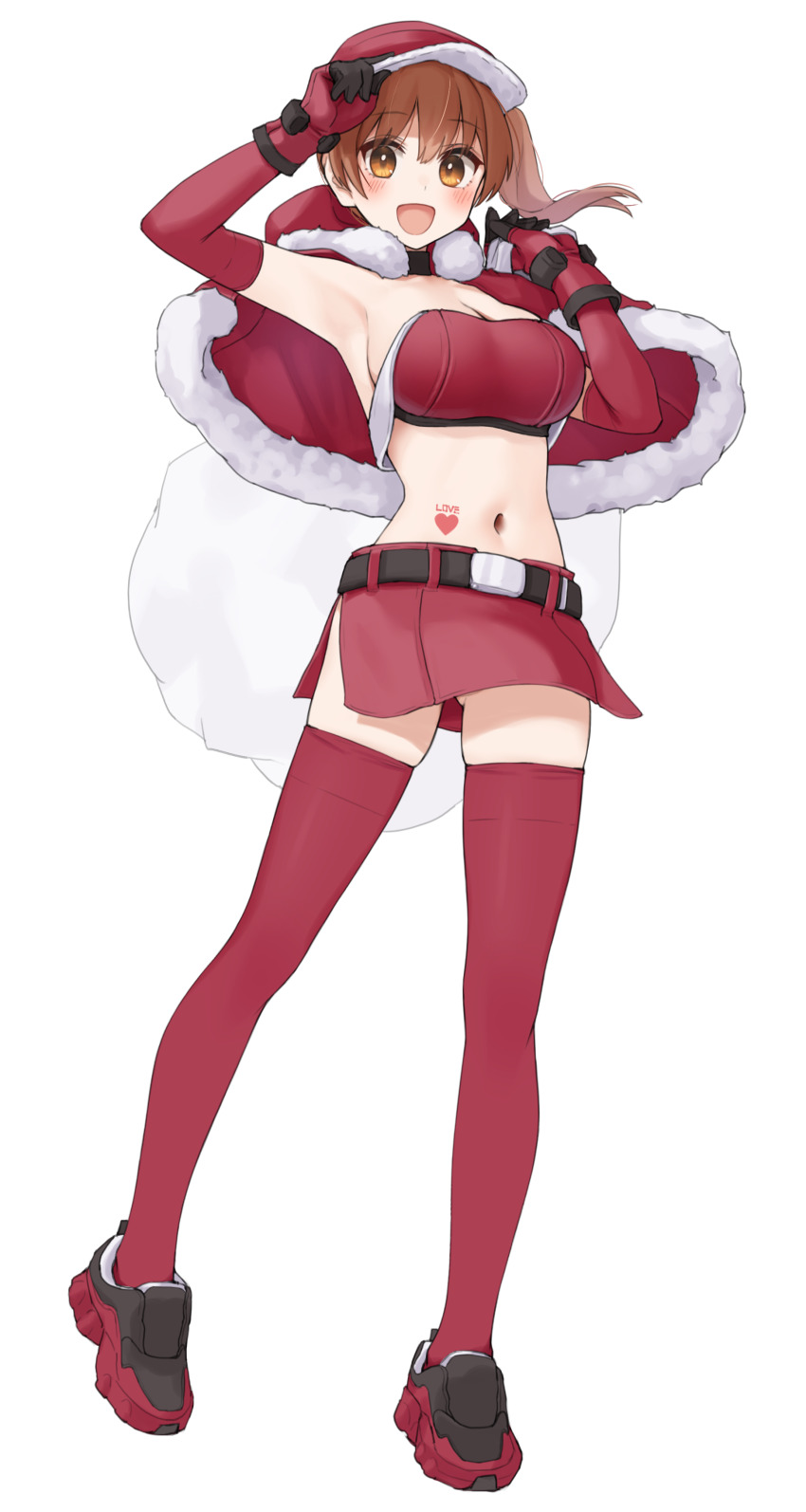 1girl absurdres armpits blush breasts brown_eyes brown_hair capelet commentary_request elbow_gloves full_body fur-trimmed_capelet fur_trim gloves gluteal_fold heart heart_tattoo highres hood hood_down hooded_capelet kopaka_(karda_nui) large_breasts long_hair looking_at_viewer microskirt navel open_mouth original red_capelet red_gloves red_skirt red_thighhighs red_tube_top santa_costume shoes side_ponytail simple_background skirt smile sneakers solo standing stomach_tattoo strapless tattoo thighhighs tube_top white_background zettai_ryouiki