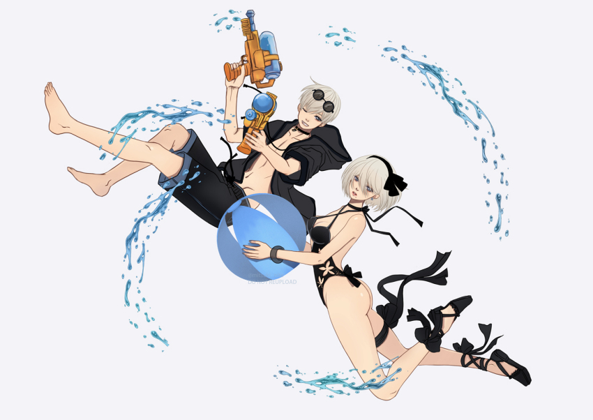 1boy 1girl 2b_(nier:automata) 9s_(nier:automata) alternate_costume ass ball beachball black_bow black_hairband black_hoodie black_one-piece_swimsuit black_shorts blue_eyes bow bow_hairband breasts criss-cross_halter eyewear_on_head groin gun hairband halterneck holding holding_ball holding_beachball holding_gun holding_weapon hood hoodie large_breasts mitsuki_nite navel nier:automata nier_(series) one-piece_swimsuit one_eye_closed open_clothes open_hoodie pectoral_cleavage pectorals short_hair shorts simple_background smile sunglasses swimsuit teeth thigh_strap water water_gun weapon white_background white_hair