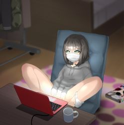 1girl artist_request black_hair blush breasts computer female_masturbation flat_chest green_eyes highres loli mask masturbation small_breasts solo tagme rating:Explicit score:22 user:loli_zombie