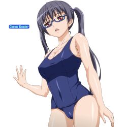  10s 1girl black_hair breasts cameltoe cleavage covered_navel eroge!_h_mo_game_mo_kaihatsu_zanmai glasses kosaka_iori large_breasts legs looking_at_viewer one-piece_swimsuit open_mouth school_swimsuit semi-rimless_eyewear solo swimsuit thighs twintails under-rim_eyewear 