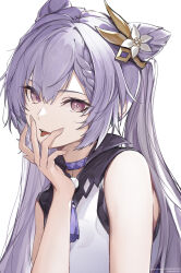  1girl braid commentary_request cone_hair_bun copyright_notice double_bun genshin_impact hair_bun hair_ornament highres keqing_(genshin_impact) long_hair looking_at_viewer marumoru open_mouth purple_eyes purple_hair side_braid simple_background sleeveless solo tongue tongue_out twintails white_background 