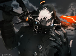  1boy artist_name au_ra black_background black_coat black_gloves black_hair blue_eyes closed_mouth cloud coat collared_coat colored_sclera colored_skin commentary_request earrings eyepatch final_fantasy final_fantasy_xiv gloves glowing glowing_eyes grey_sclera grey_skin gunbreaker_(final_fantasy) hands_up high_collar highres holding holding_weapon horns jewelry long_sleeves looking_at_viewer low_horns male_focus multicolored_hair oooruka_cr outdoors short_hair twitter_username two-tone_hair upper_body warrior_of_light_(ff14) weapon white_hair 