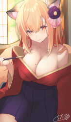  1girl animal_ear_fluff animal_ears bare_shoulders blonde_hair blue_hakama breasts chita_(ketchup) cleavage closed_mouth collarbone commentary_request flower fox_ears fox_girl fox_tail hair_between_eyes hair_flower hair_ornament hakama hakama_short_skirt hakama_skirt highres holding holding_smoking_pipe japanese_clothes kimono kiseru large_breasts mole mole_on_breast multicolored_hair nail_polish off_shoulder original purple_flower red_eyes red_hair red_kimono red_nails short_eyebrows signature skirt smoking_pipe solo tail thick_eyebrows two-tone_hair 