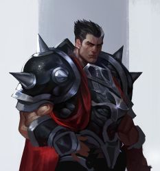  1boy armor black_hair cape closed_mouth commentary_request darius_(league_of_legends) gloves grey_background grey_hair holding league_of_legends looking_at_viewer male_focus multicolored_hair pauldrons red_cape scar shoulder_armor shoulder_pads sia_kim simple_background solo standing two-tone_hair white_background  rating:Sensitive score:8 user:danbooru