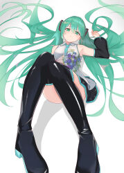 1girl absurdres aqua_necktie armpits bare_shoulders black_thighhighs boots bouquet breasts closed_mouth collared_shirt commentary_request detached_sleeves flower foreshortening full_body green_eyes green_hair grey_background grey_shirt hand_up hatsune_miku highres long_hair looking_at_viewer lying miku_day necktie on_back ruha_(ruha12haru) shirt simple_background sleeveless sleeveless_shirt small_breasts solo thigh_boots thighhighs twintails very_long_hair vocaloid 