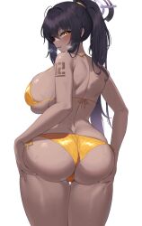  1girl ahoge alternate_costume arm_tattoo ass ass_focus ass_grab ass_support back bare_shoulders bikini black_hair blue_archive blush breasts cameltoe cleavage collarbone curtains dark-skinned_female dark_skin from_behind gluteal_fold gold_bikini grabbing_own_ass hair_intakes halo hands_on_ass hands_on_own_ass hands_up heavy_breathing high_ponytail highres huge_ass huge_breasts karin_(blue_archive) kuavera long_hair looking_at_viewer looking_back navel number_tattoo parted_lips ponytail side-tie_bikini_bottom sideboob skindentation solo stomach string_bikini sweat swimsuit tattoo thigh_gap thighs underboob very_long_hair yellow_bikini yellow_eyes 