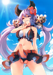 1futa animal_ears belt bikini bikini_skirt black_bikini black_bow black_skirt blue_sky blush bow breasts cloud commentary day english_commentary erection flower foreskin frilled_bikini frilled_bow frills from_below futanari granblue_fantasy hair_between_eyes hair_bow hair_flower hair_ornament hibiscus highres large_breasts lens_flare long_hair looking_at_viewer low_twintails navel outdoors penis purple_eyes purple_hair red_flower ricegnat satyr_(granblue_fantasy) skirt sky smile solo standing star_(symbol) sun swimsuit testicles twintails uncensored very_long_hair rating:Explicit score:115 user:danbooru