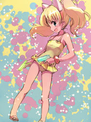 1girl :d animal_ears bangle bracelet casual_one-piece_swimsuit cat_ears child fang frilled_swimsuit frills full_body highres jewelpet_(series) jewelpet_twinkle jewelry miria_marigold_mackenzie no_socks nyama one-piece_swimsuit open_mouth profile sandals sideways_mouth sketch smile solo swimsuit twintails water_gun yellow_one-piece_swimsuit rating:Sensitive score:29 user:danbooru