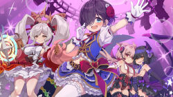  1boy 3girls :d animal_ears ather_(monmusu_td) behind-the-head_headphones belt belt_buckle black_gloves black_hair black_thighhighs blue_eyes blue_vest blush breast_curtain breasts brown_belt brown_eyes buckle center_frills confetti crossdressing demon_wings elbow_gloves floating_crown flower frilled_skirt frilled_thighhighs frills furrowed_brow gloves grey_hair groin hair_flower hair_ornament hair_over_one_eye hair_ribbon headphones headset highres holding holding_microphone idol looking_at_viewer looking_down low_twintails lupupu_(monmusu_td) master_(monmusu_td) medium_breasts microphone monster_musume_td multiple_girls navel neck_ribbon official_art one_eye_covered open_mouth outstretched_arm pink_hair red_flower red_rose revealing_clothes ribbon rose second-party_source short_sleeves showgirl_skirt sideboob skirt smile smug sparkle spiked_wings stage stage_lights standing star_(symbol) stomach tantalum_(monmusu_td) thick_eyebrows thighhighs thighs twintails underboob vest white_gloves white_thighhighs wings 