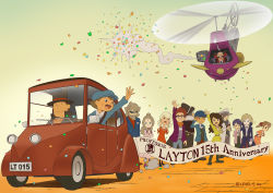 5girls 6+boys adjusting_clothes adjusting_headwear aircraft angela_ledore anniversary anthony_herzen aria_(professor_layton) beard blonde_hair blue_eyes blush_stickers bronev_reinel brown_hair car coat confetti copyright_name don_paolo facial_hair flora_reinhold future_luke glasses gloves goatee grandfather_and_granddaughter hat helicopter hershel_layton highres jean_descole jewelry katia_anderson level-5 long_hair luke_triton motor_vehicle multiple_boys multiple_girls mustache necklace official_art pearl_necklace ponytail professor_layton purple_hair randall_ascot red_hair remi_altava simple_background top_hat vehicle_focus waving wheel 