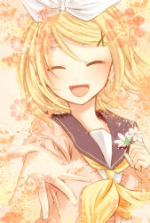  1girl alternate_costume blonde_hair bow bowtie fang female_focus flower flowers_in_hand hair_bow hair_ornament hairclip highres kagamine_rin open_mouth outstretched_hand plant pov sailor_collar smile solo upper_body vocaloid yayoi_(yayoi_bittersweet)  rating:Sensitive score:4 user:tds040488