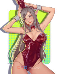  1girl absurdres animal_ear_hairband animal_ears armpits arms_up bare_arms bare_legs bow bowtie breasts breasts_apart closed_mouth collar cowboy_shot detached_collar fake_animal_ears green_eyes grey_hair hair_ornament hairband hairclip highleg highleg_leotard highres inhoso leotard long_hair looking_at_viewer medium_breasts original playboy_bunny pointy_ears rabbit_ear_hairband rabbit_ears red_bow red_bowtie red_hairband red_lips shiny_clothes shiny_leotard smile solo standing strapless strapless_leotard white_collar white_wrist_cuffs wrist_cuffs 
