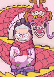 1boy absurdres alternate_form black_eyes black_hair clenched_teeth commentary crossed_arms dragon dragon_boy dragon_horns english_commentary high_ponytail highres horns japanese_clothes kimono kouzuki_momonosuke long_sleeves looking_at_viewer male_focus one_piece open_mouth pink_kimono pink_scarf ponytail rudygabutee scarf signature smile teeth  rating:General score:2 user:danbooru