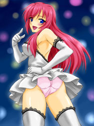  1girl alternate_costume ass blue_eyes blush dress elbow_gloves gloves hand_on_own_hip highres kattsan_(ninjaform00) lace lace-trimmed_legwear lace_trim long_hair looking_at_viewer looking_back megurine_luka open_mouth panties pink_panties red_hair short_dress smile solo standing thighhighs underwear vocaloid white_dress white_thighhighs 