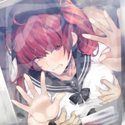 1girl against_glass ahoge alternate_costume azur_lane bad_id bad_twitter_id black_choker black_ribbon black_sailor_collar blush breasts chikan choker clenched_teeth commentary_request crying crying_with_eyes_open forced grabbing grabbing_another&#039;s_breast hair_ribbon honolulu_(azur_lane) honolulu_(umbrella_girl)_(azur_lane) large_breasts molestation red_eyes red_hair ribbon sailor_collar school_uniform serafuku tears teeth tkhs train train_interior twintails rating:Questionable score:73 user:danbooru
