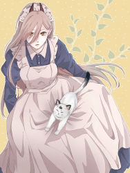 1girl absurdres alternate_costume animal apron bad_id bad_pixiv_id blonde_hair breasts cat chainsaw_man cross-shaped_pupils demon_horns dress hair_between_eyes highres horns long_hair looking_at_viewer maid maid_apron maid_headdress medium_breasts meowy_(chainsaw_man) parted_lips power_(chainsaw_man) red_horns sitting solo symbol-shaped_pupils toukaairab yellow_eyes rating:General score:11 user:danbooru