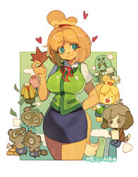 1girl 5boys :3 ahoge animal_crossing animal_ears animal_nose arm_behind_back bell bird black_bow black_bowtie black_vest blonde_hair blue_eyes blue_skirt bow bowtie brewster_(animal_crossing) brown_hair chibi clipboard closed_eyes closed_mouth coffee coffee_cup collared_shirt colored_skin cup digby_(animal_crossing) disposable_cup dog_boy dog_ears dog_girl dog_tail facial_hair flag furry furry_female furry_male glasses green_vest hair_bell hair_ornament hair_tie heart highres holding holding_clipboard holding_cup holding_flag holding_leaf isabelle_(animal_crossing) leaf magic_qy medium_hair money_rain multiple_boys mustache necktie nintendo open_mouth pencil_skirt pigeon raccoon_boy red_necktie shirt short_hair short_sleeves single_tooth skirt tail tanuki timmy_(animal_crossing) tom_nook_(animal_crossing) tommy_(animal_crossing) topknot vest white_shirt yellow_skin  rating:Sensitive score:12 user:danbooru