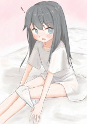  ! 1girl absurdres bed black_hair blue_eyes blush fang female_focus highres huge_filesize kasago_(wnfj2383) legs loli long_hair looking_at_viewer no_pants open_mouth original panties panty_pull pulling_own_clothes shirt short_sleeves sitting solo stained_panties surprised t-shirt thighs underwear undressing white_panties white_shirt  rating:Questionable score:63 user:danbooru