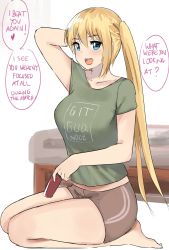  1girl :d barefoot blend_s blonde_hair blue_eyes breasts collarbone controller english_text game_controller green_shirt highres hinata_kaho indoors large_breasts long_hair looking_at_viewer midriff norman_maggot open_mouth seiza shirt short_shorts short_sleeves shorts simple_background sitting smile solo speech_bubble t-shirt twintails white_background  rating:Sensitive score:29 user:danbooru