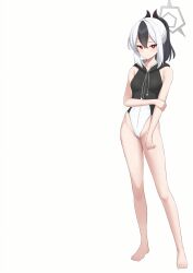  absurdres barefoot black_hair blue_archive blush cameltoe drawstring feet halo highres holding_own_arm horns kayoko_(blue_archive) leotard multicolored_hair red_eyes third-party_edit white_hair  rating:Sensitive score:19 user:serenemisery