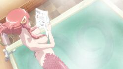  1girl animated anime_screenshot artist_request bathing bathroom bathtub breasts completely_nude female_focus hair_censor hair_ornament hair_up hairclip highres holding holding_magazine indoors interior lamia large_breasts long_hair magazine_(object) miia_(monster_musume) monster_girl monster_musume_no_iru_nichijou non-web_source nude orange_hair pointy_ears reading red_scales slit_pupils sound steam tagme video yellow_eyes  rating:Questionable score:44 user:WinDGo