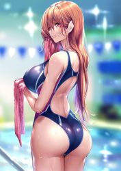 1girl ass back_cutout bare_shoulders blue_one-piece_swimsuit blurry blurry_background breasts brown_hair clothing_cutout commentary_request competition_swimsuit cowboy_shot from_behind half-closed_eyes highres holding holding_towel huge_ass kurumi_shinoha large_breasts lights long_hair looking_at_viewer looking_back mole mole_under_mouth ass one-piece_swimsuit original parted_lips piromizu poolside purple_eyes shiny_clothes shoulder_blades sidelocks smile solo swimsuit towel wet wiping_face rating:Sensitive score:78 user:danbooru