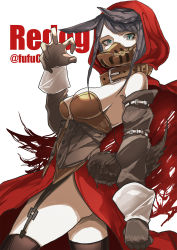  1girl animal_ears aqua_eyes ass bare_shoulders brown_collar brown_gloves brown_legwear capelet clenched_hand collar corset fufu_(fufuichi04) garter_straps gloves grey_hair highres hood hood_up little_red_riding_hood little_red_riding_hood_(grimm) long_hair muzzle original red_capelet slit_pupils solo tail torn torn_capelet torn_clothes twitter_username white_background wolf_ears wolf_girl wolf_tail  rating:Sensitive score:11 user:danbooru