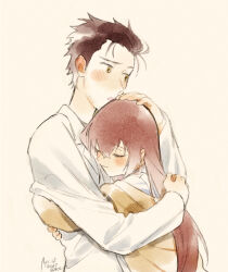  1boy 1girl arm_around_shoulder arm_around_waist artist_name black_hair blush brown_coat brown_eyes closed_eyes closed_mouth coat commentary couple dated dress_shirt facial_hair hair_between_eyes hand_on_another&#039;s_head headpat height_difference hug lab_coat long_hair looking_afar makise_kurisu okabe_rintarou parted_lips red_hair rocni shirt signature simple_background smile steins;gate stubble twitter_username upper_body white_background white_coat white_shirt 