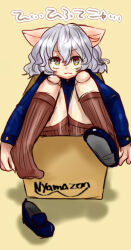 1other :3 amazon_(company) animal_ears blue_footwear blue_jacket box brown_shorts brown_socks cardboard_box cat_ears closed_mouth commentary_request doll_joints fingernails full_body hair_between_eyes hunter_x_hunter in_box in_container jacket joints long_sleeves looking_at_viewer neferpitou pun red_eyes ribbed_shorts sharp_fingernails shoes short_hair shorts simple_background single_shoe smile socks solo translation_request unworn_shoe warabi_tsukasa white_hair yellow_background  rating:General score:4 user:danbooru