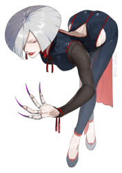 1girl a.k.i._(street_fighter) bent_over black_dress black_pants china_dress chinese_clothes claw_(weapon) claw_ring dress hair_over_one_eye pants red_eyes short_hair solo sss_ookoku street_fighter street_fighter_6 weapon white_hair  rating:Sensitive score:3 user:YewGeneolgia