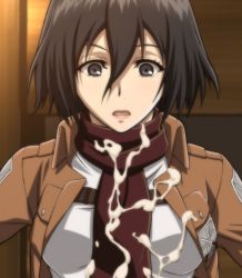 1girl black_eyes black_hair breasts cropped_jacket cum cum_on_body cum_on_breasts cum_on_clothes cum_on_upper_body eyelashes female_focus hair_between_eyes highres indoors jacket looking_down matching_hair/eyes medium_breasts mikasa_ackerman military military_uniform open_mouth outstretched_arms paradis_military_uniform red_scarf scarf shingeki_no_kyojin shirt short_hair solo spread_arms standing surprised takapiko uniform upper_body white_shirt  rating:Explicit score:133 user:Kentabarou