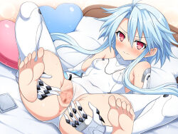  1girl armored_gloves ass bare_shoulders barefoot blue_hair blush breasts censored clothing_aside covered_erect_nipples covered_navel elbow_gloves frown full_body gloves hair_between_eyes heart heart-shaped_pillow highres indoors legs leotard leotard_aside looking_at_viewer lying medium_hair mosaic_censoring neptune_(series) on_back on_bed pillow power_symbol presenting pussy red_eyes sidelocks skin_tight small_breasts solo spread_legs spread_pussy symbol-shaped_pupils thighhighs thighs wavy_mouth white_gloves white_heart_(neptunia) white_leotard yaomai 