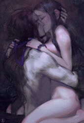  1boy 1girl black_hair bracelet breasts brown_hair closed_eyes commentary completely_nude couple english_commentary french_kiss hand_on_another&#039;s_head hetero highres hug implied_sex jewelry kiss large_breasts long_hair muscular muscular_male nat_the_lich nude original pale_skin pandora_acherona_(nat_the_lich) pearl_bracelet renard_beauchene_(nat_the_lich) sideboob straddling upright_straddle very_long_hair waist_hug  rating:Questionable score:48 user:danbooru