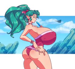  1girl ass breasts curvy female_focus final_fantasy final_fantasy_vi food gigantic_breasts green_eyes green_hair huge_ass wide_hips thick_thighs leotard looking_at_viewer looking_back n647 narrow_waist covered_erect_nipples pointy_ears ponytail popsicle solo square_enix thick_thighs thighs tina_branford wide_hips  rating:Questionable score:64 user:bvvvas