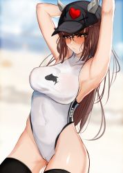  1girl baseball_cap black_thighhighs breasts brown_hair competition_swimsuit glasses gluteal_fold grey_horns grey_one-piece_swimsuit hat highres horns large_breasts light_blush long_hair looking_at_viewer nin_fake one-piece_swimsuit open_mouth original red_eyes swimsuit thighhighs thighs  rating:Sensitive score:24 user:puppiesinmycar